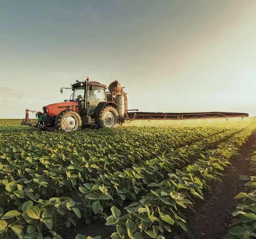 A tractor in the field harvesting crops.